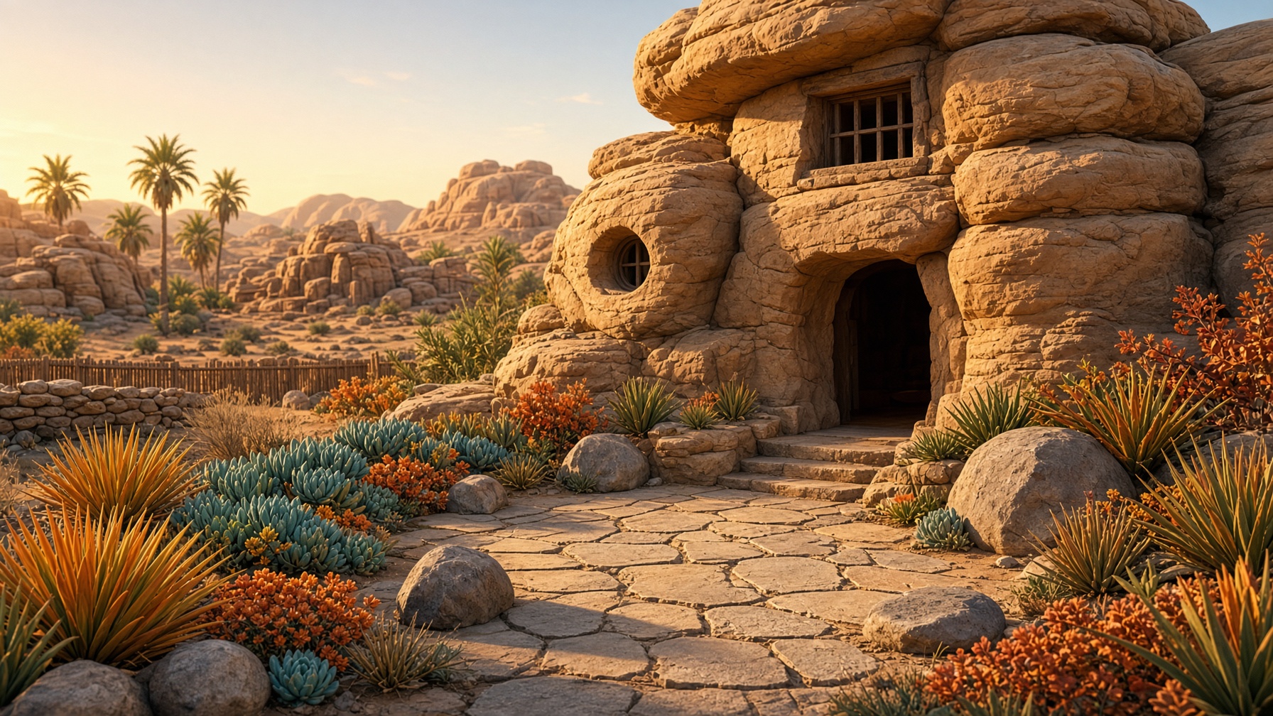 A sunny prehistoric suburban yard of stacked stone