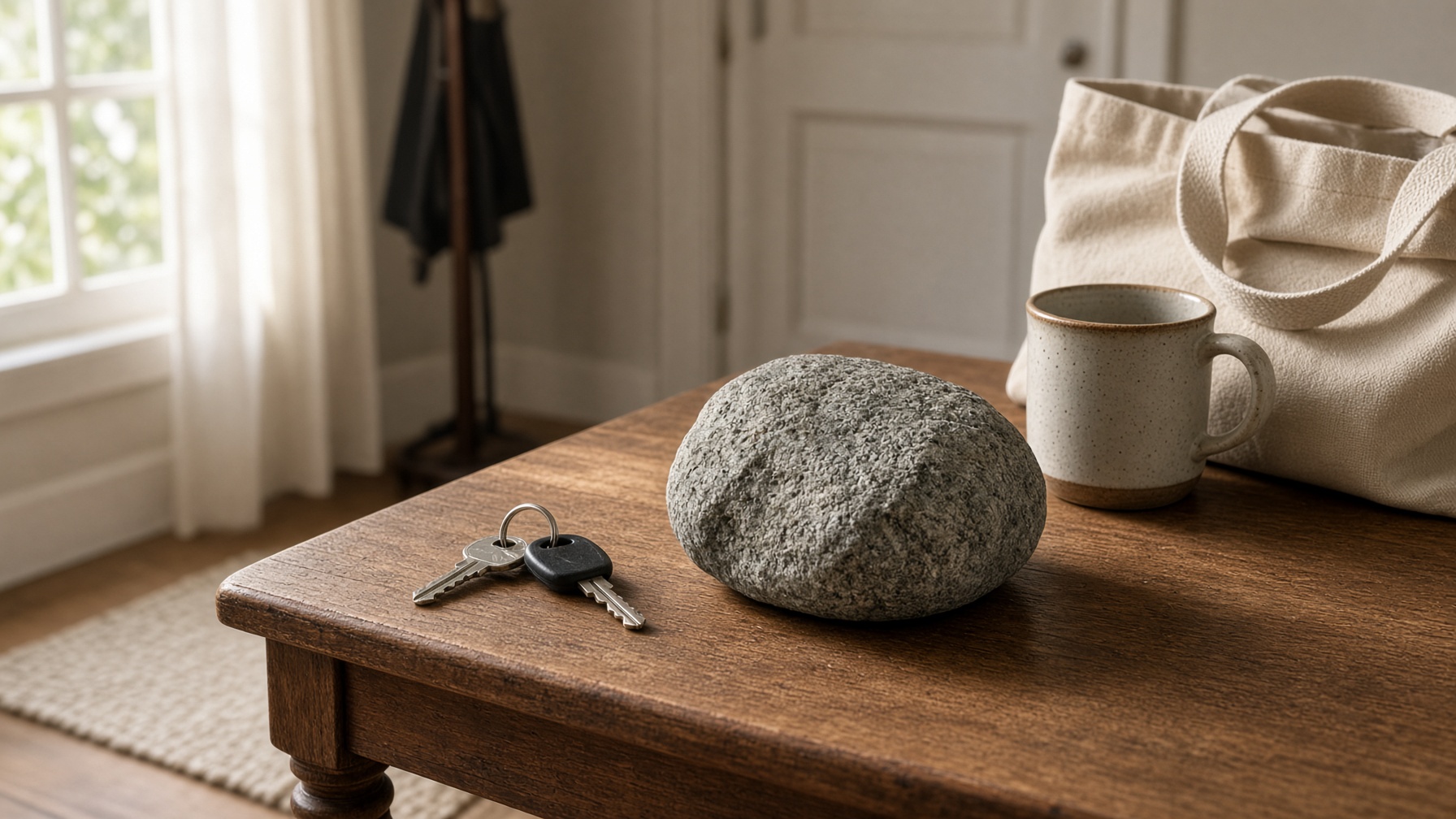 A Mari Rocks cobble on an entry table beside house keys