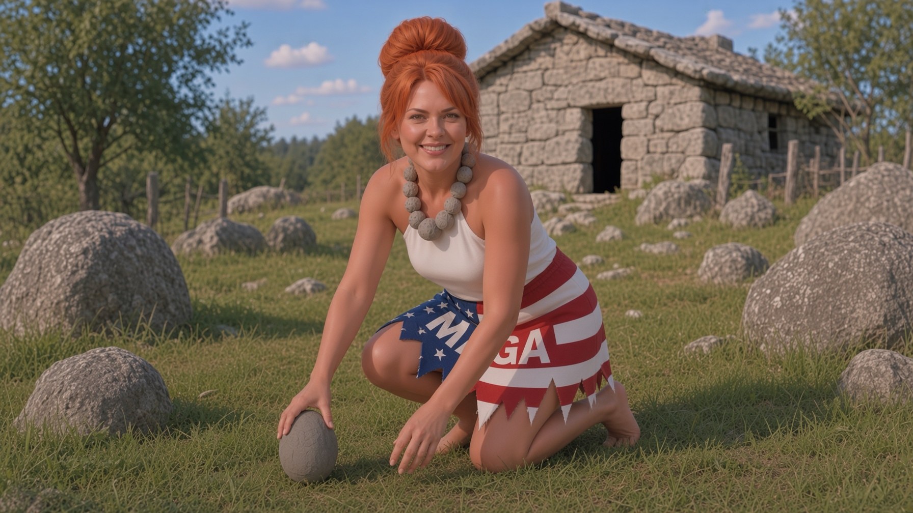 Mari stooping in a prehistoric yard to pick up a typical yard-size rock