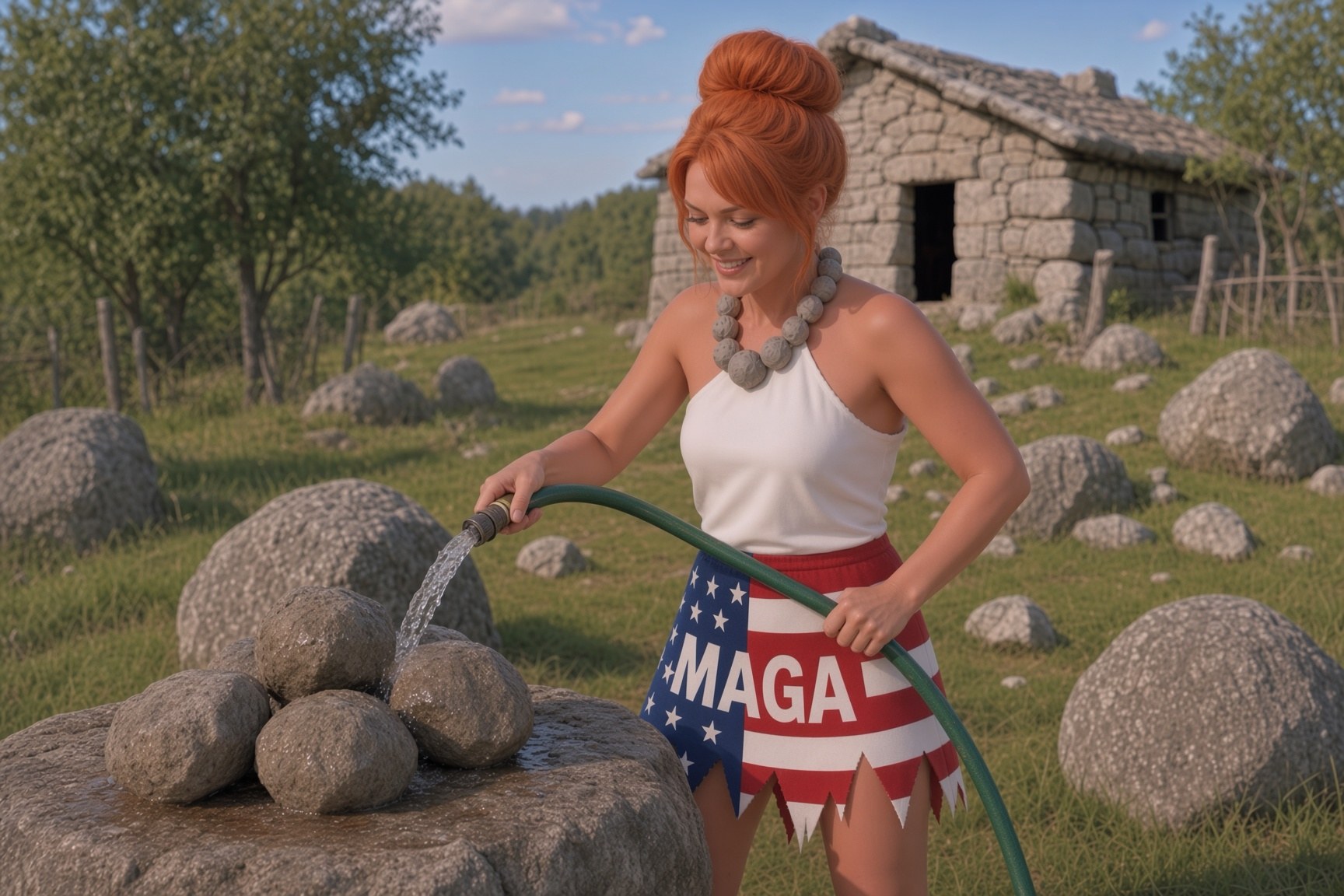 Mari in her MAGA cavewoman skirt rinsing rocks with a hose at a stone table