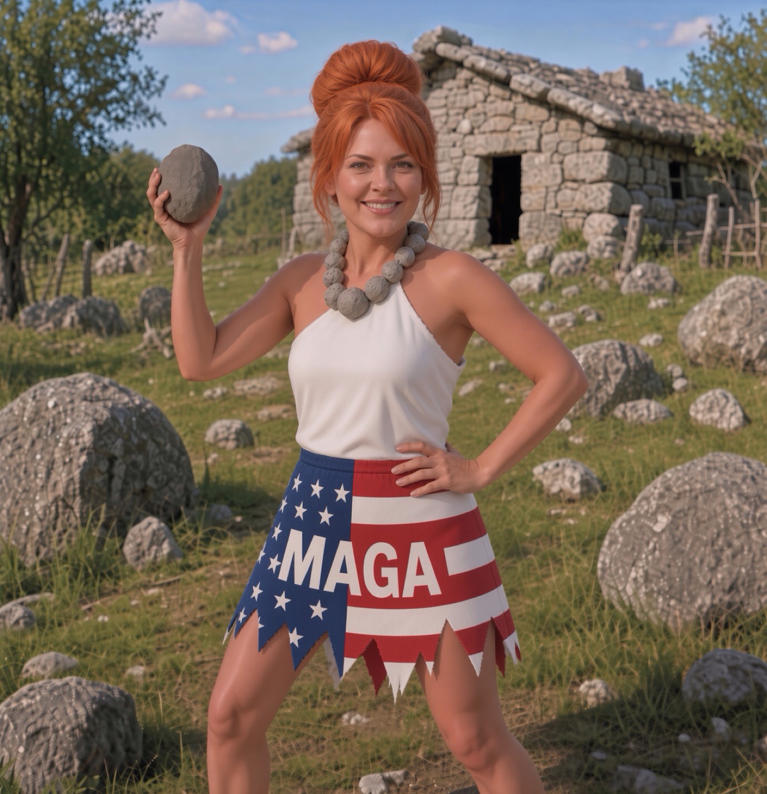 Mari in a one-shoulder cavewoman dress and MAGA skirt, holding a typical yard-size rock